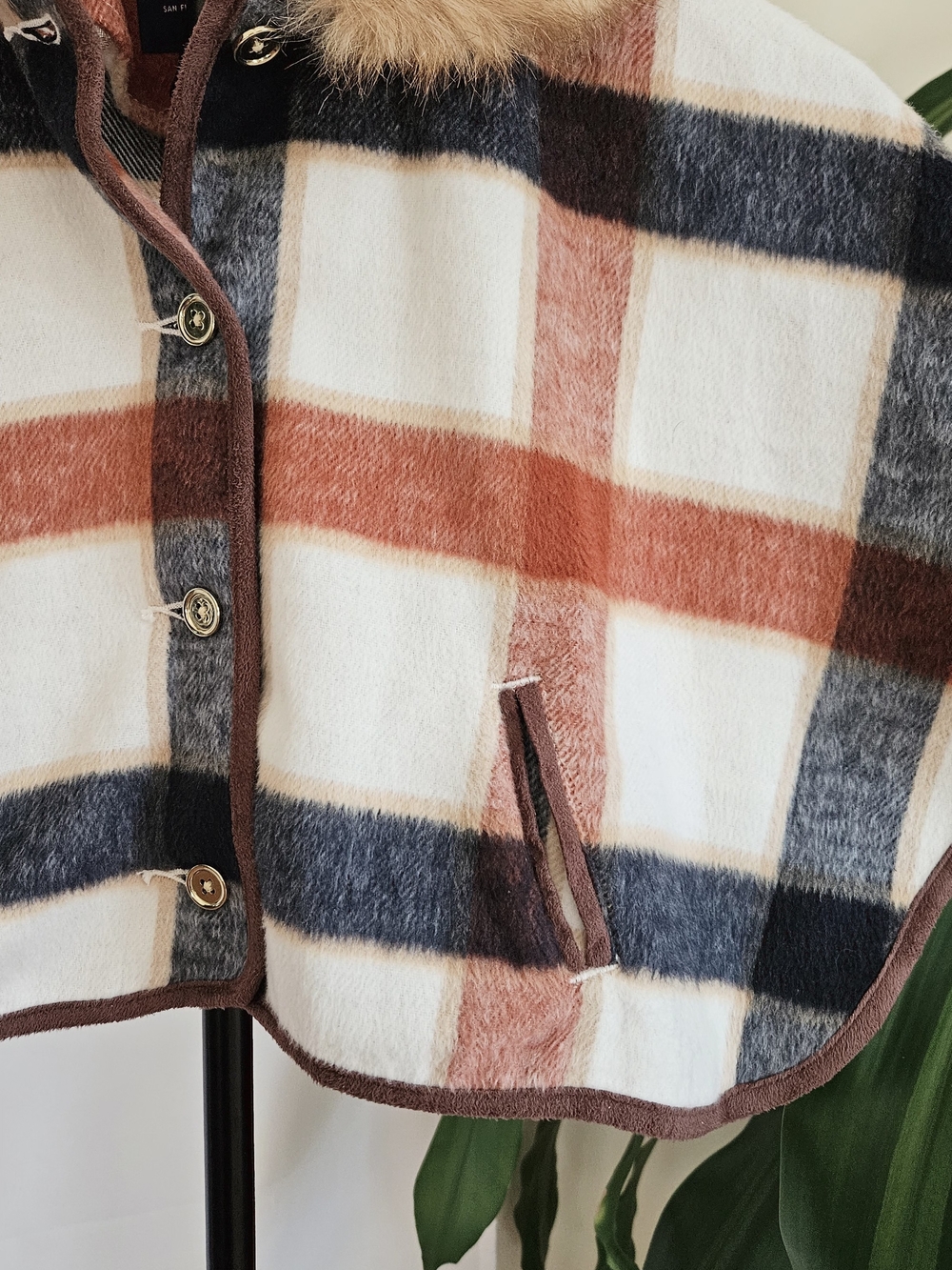 Janie and Jack Plaid Poncho Cape Coat Faux Fur Collar 2T Rust Brown Cream - Picture 8 of 13